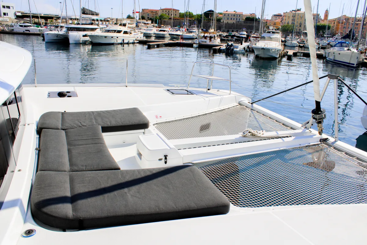 Deck of L'Orceo, a Lagoon 46 catamaran at Ajaccio, France