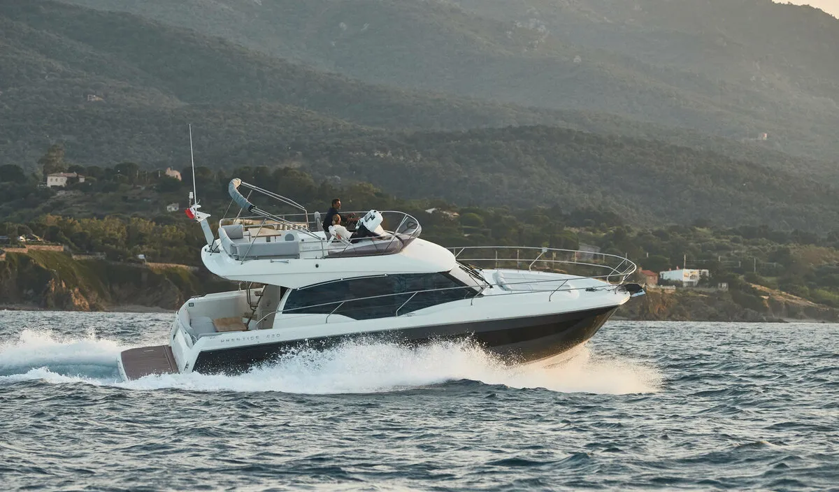 Exterior view of Martin, a Jeanneau Prestige 420 Fly motor yacht at Split, Croatia