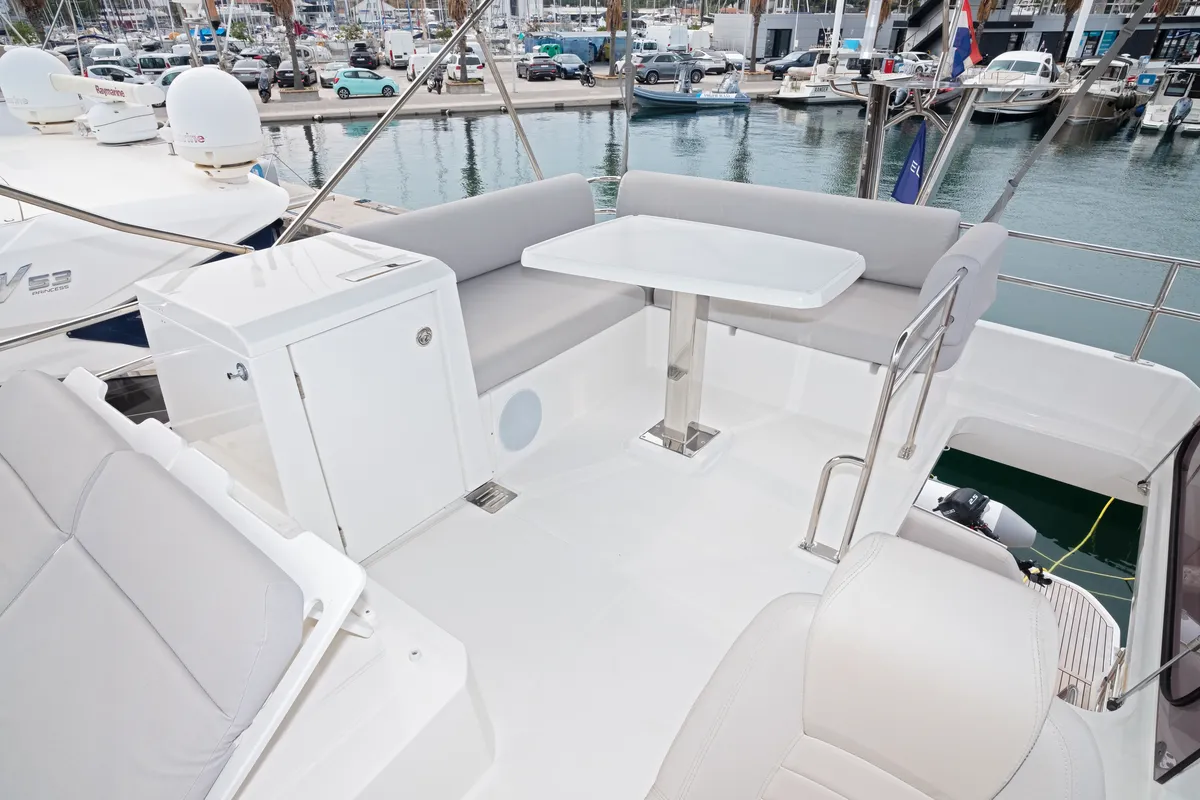Deck of Martin, a Jeanneau Prestige 420 Fly motor yacht at Split, Croatia