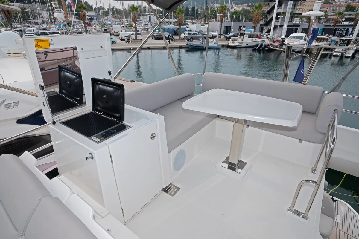 Deck of Martin, a Jeanneau Prestige 420 Fly motor yacht at Split, Croatia