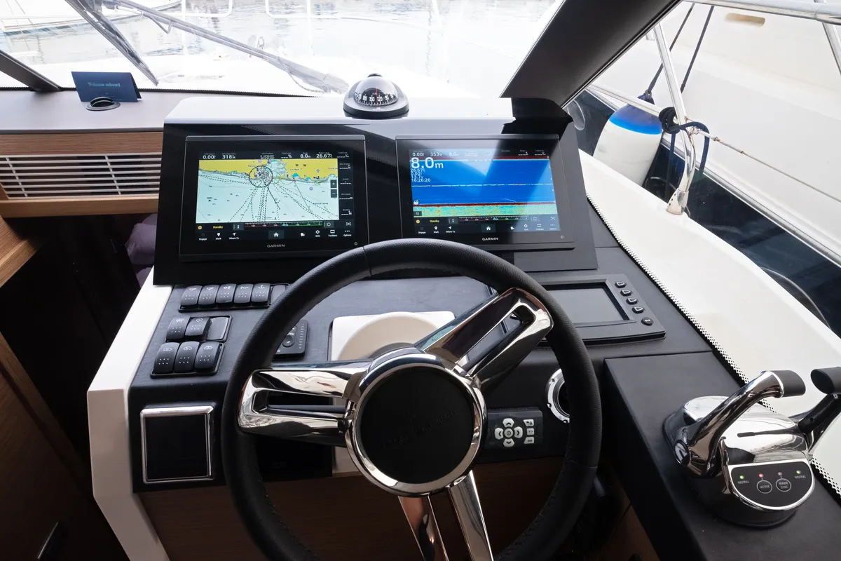 Cockpit of Martin, a Jeanneau Prestige 420 Fly motor yacht at Split, Croatia