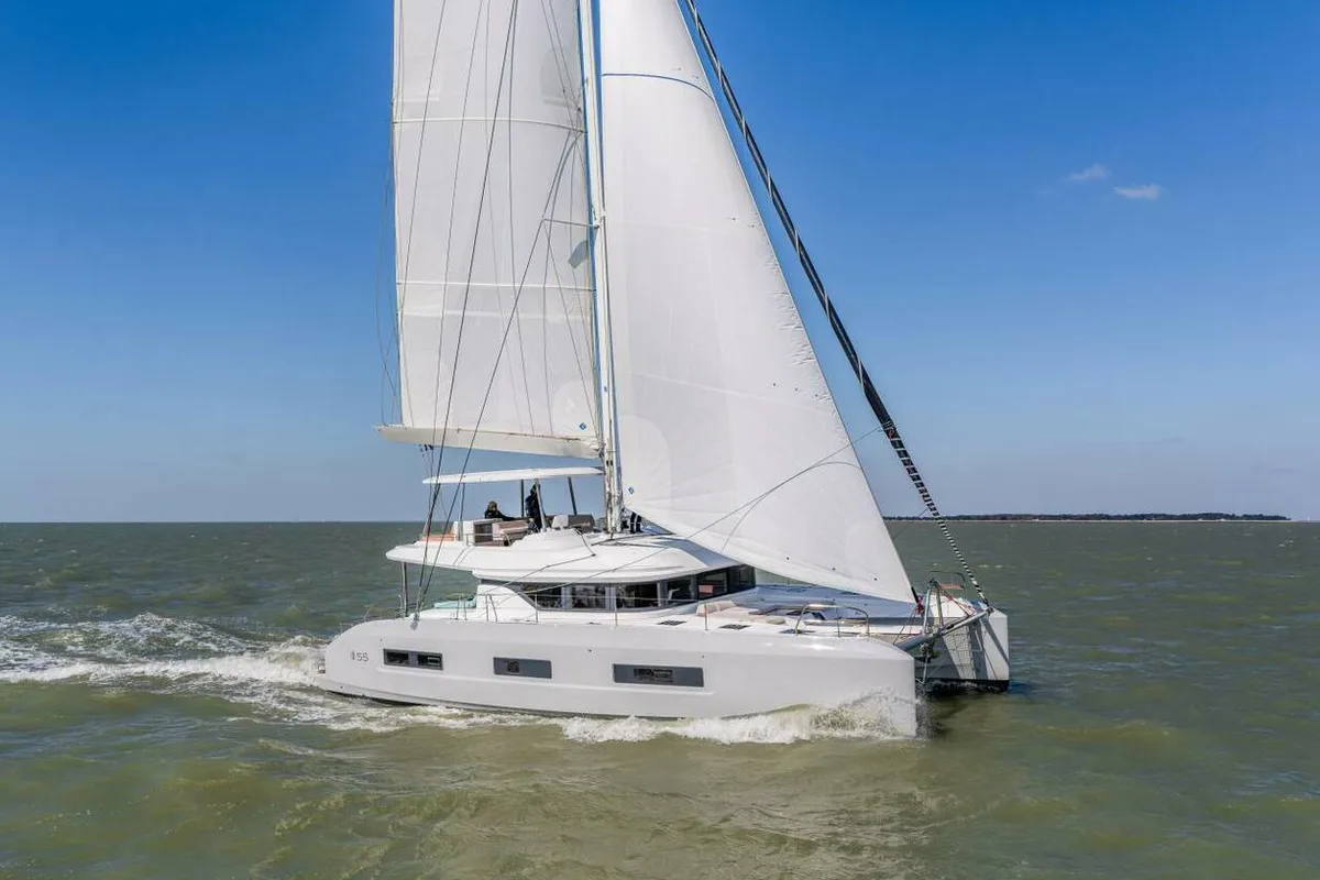 Exterior view of Smiley, a Lagoon 55 catamaran at Pointe-à-Pitre, France