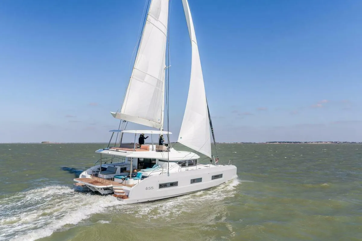 Exterior view of Smiley, a Lagoon 55 catamaran at Pointe-à-Pitre, France