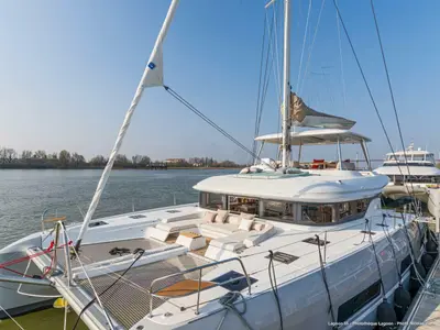Exterior view of Smiley, a Lagoon 55 catamaran at Pointe-à-Pitre, France