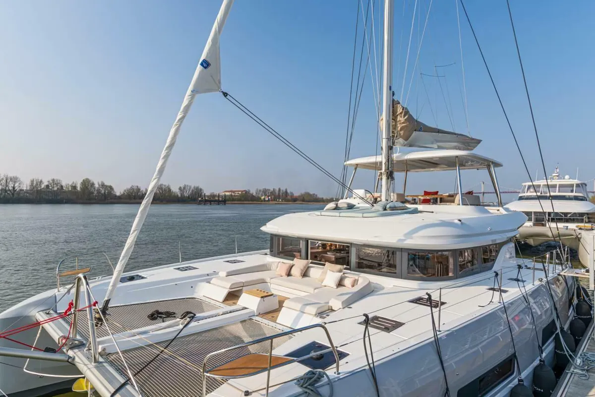 Exterior view of Smiley, a Lagoon 55 catamaran at Pointe-à-Pitre, France