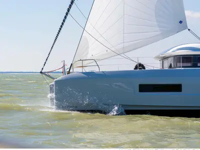 Exterior view of Smiley, a Lagoon 55 catamaran at Pointe-à-Pitre, France