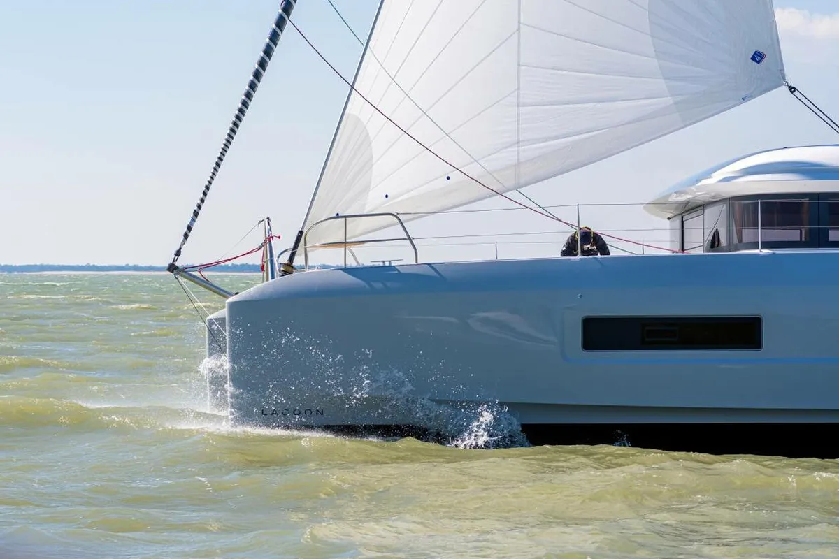 Exterior view of Smiley, a Lagoon 55 catamaran at Pointe-à-Pitre, France
