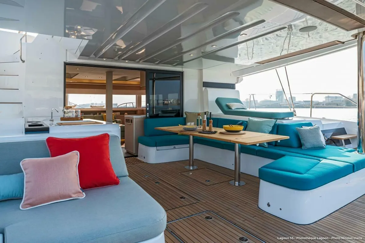 Deck of Smiley, a Lagoon 55 catamaran at Pointe-à-Pitre, France