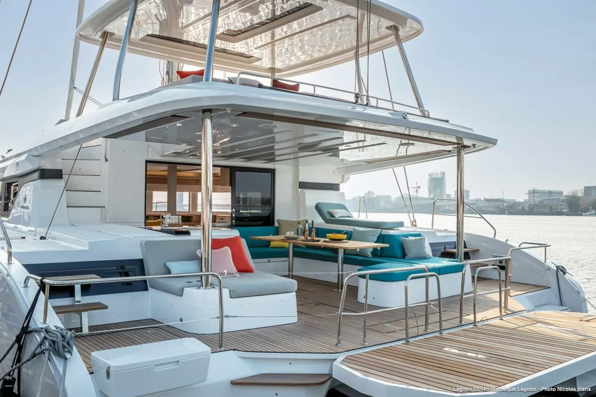 Deck of Smiley, a Lagoon 55 catamaran at Pointe-à-Pitre, France