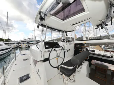 Cockpit of Demi Doux, a Lagoon 42 catamaran at Grad Trogir, Croatia