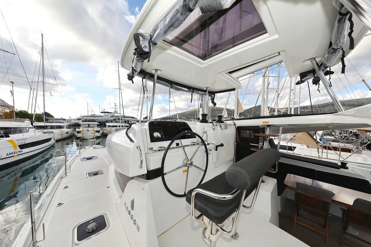 Cockpit of Demi Doux, a Lagoon 42 catamaran at Grad Trogir, Croatia