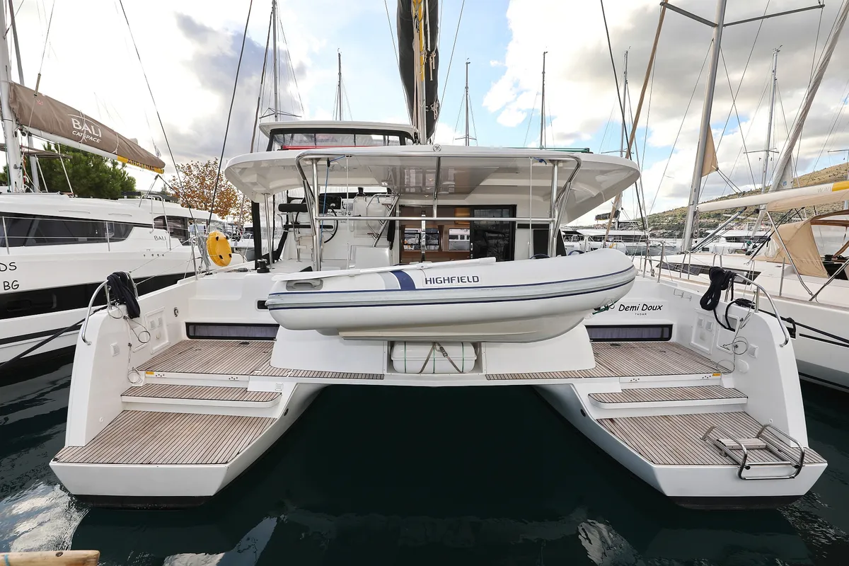 Exterior view of Demi Doux, a Lagoon 42 catamaran at Grad Trogir, Croatia