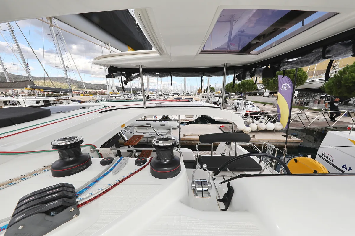 Cockpit of Demi Doux, a Lagoon 42 catamaran at Grad Trogir, Croatia