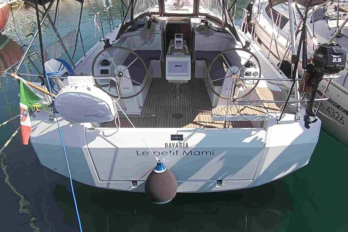 Cockpit of Le petit Mami, a Bavaria C38 sailboat at Tropea, Italy