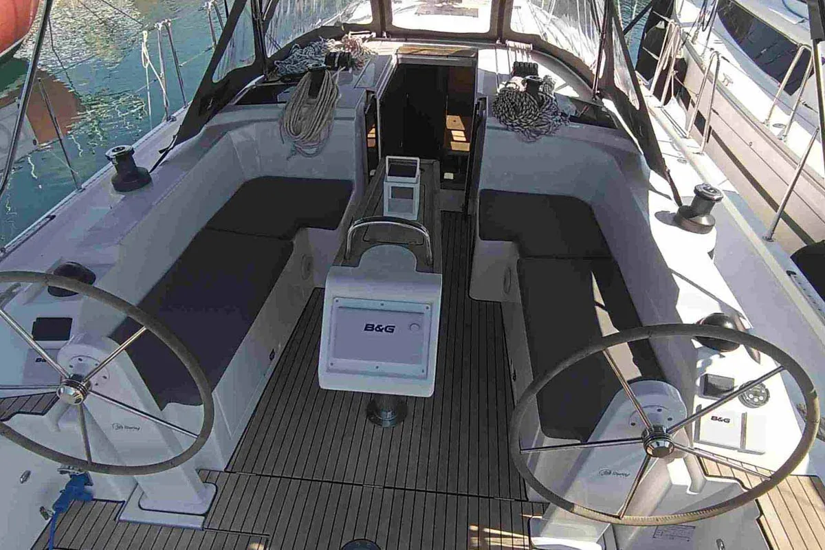 Cockpit of Le petit Mami, a Bavaria C38 sailboat at Tropea, Italy
