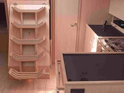 Galley of Le petit Mami, a Bavaria C38 sailboat at Tropea, Italy