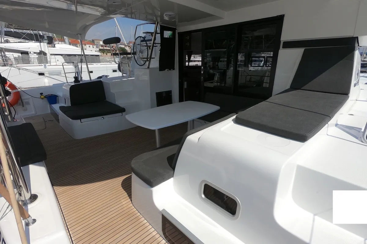 Deck of Wind Desire, a Lagoon 42 catamaran at Olbia, Italy