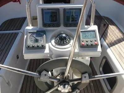 Cockpit of Mare Doro, a Jeanneau Sun Odyssey 33i sailboat at Athens, Marina Delta Kallithea, Greece