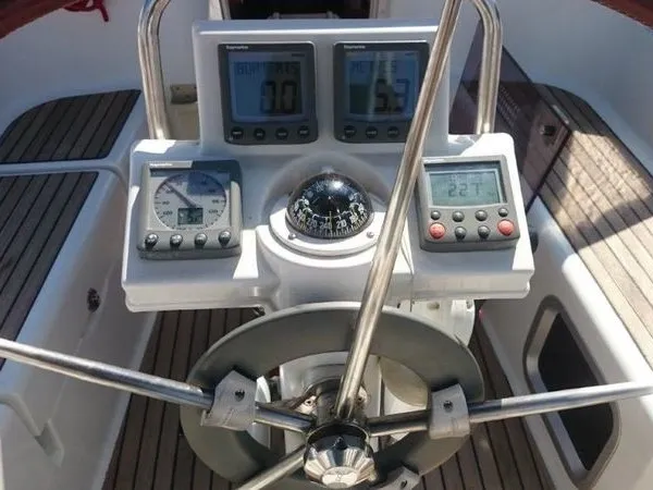 Cockpit of Mare Doro, a Jeanneau Sun Odyssey 33i sailboat at Athens, Marina Delta Kallithea, Greece
