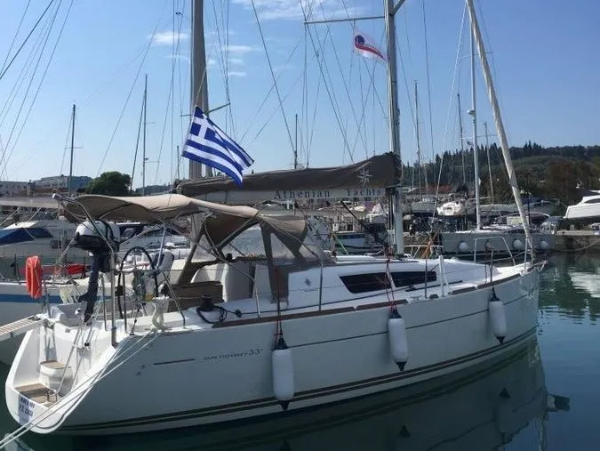 Exterior view of Mare Doro, a Jeanneau Sun Odyssey 33i sailboat at Athens, Marina Delta Kallithea, Greece