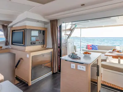 Salon of Agios Paisios, a Fountaine Pajot FP 44 catamaran at Athens, Greece