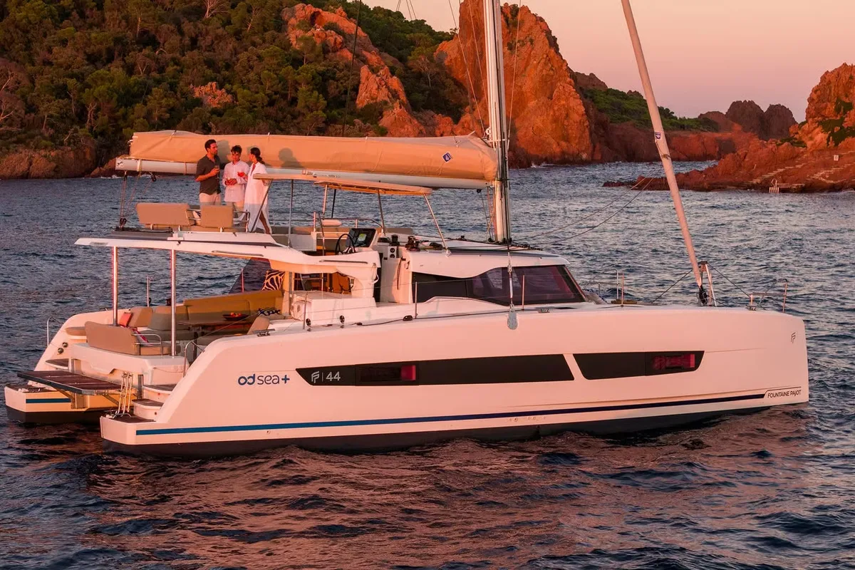 Exterior view of Agios Paisios, a Fountaine Pajot FP 44 catamaran at Athens, Greece