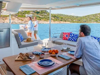 Deck of Agios Paisios, a Fountaine Pajot FP 44 catamaran at Athens, Greece