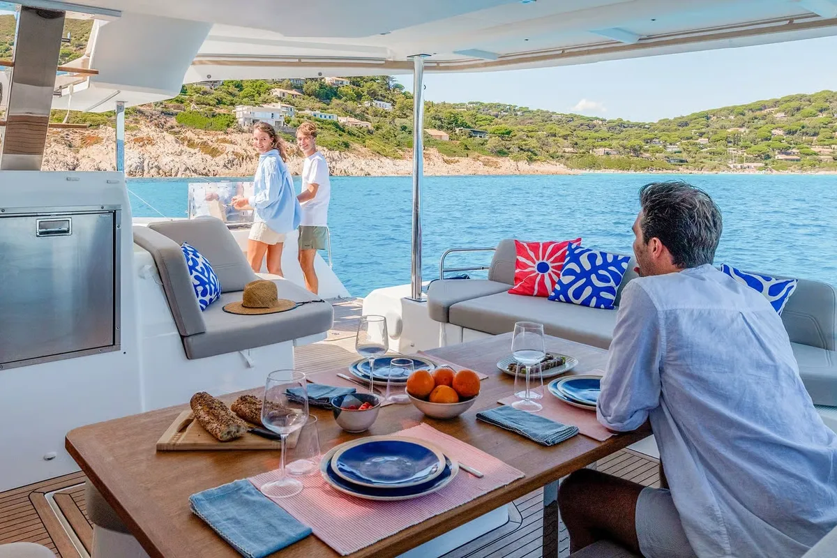 Deck of Agios Paisios, a Fountaine Pajot FP 44 catamaran at Athens, Greece