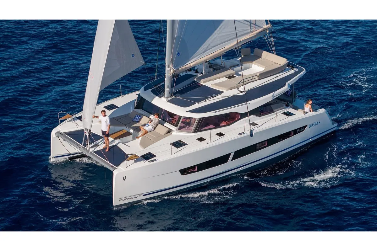 Exterior view of Agios Paisios, a Fountaine Pajot FP 44 catamaran at Athens, Greece