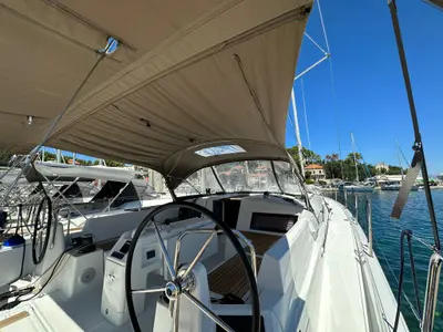 Cockpit of Izzy, a Jeanneau Sun Odyssey 490 sailboat at Rogač, Croatia