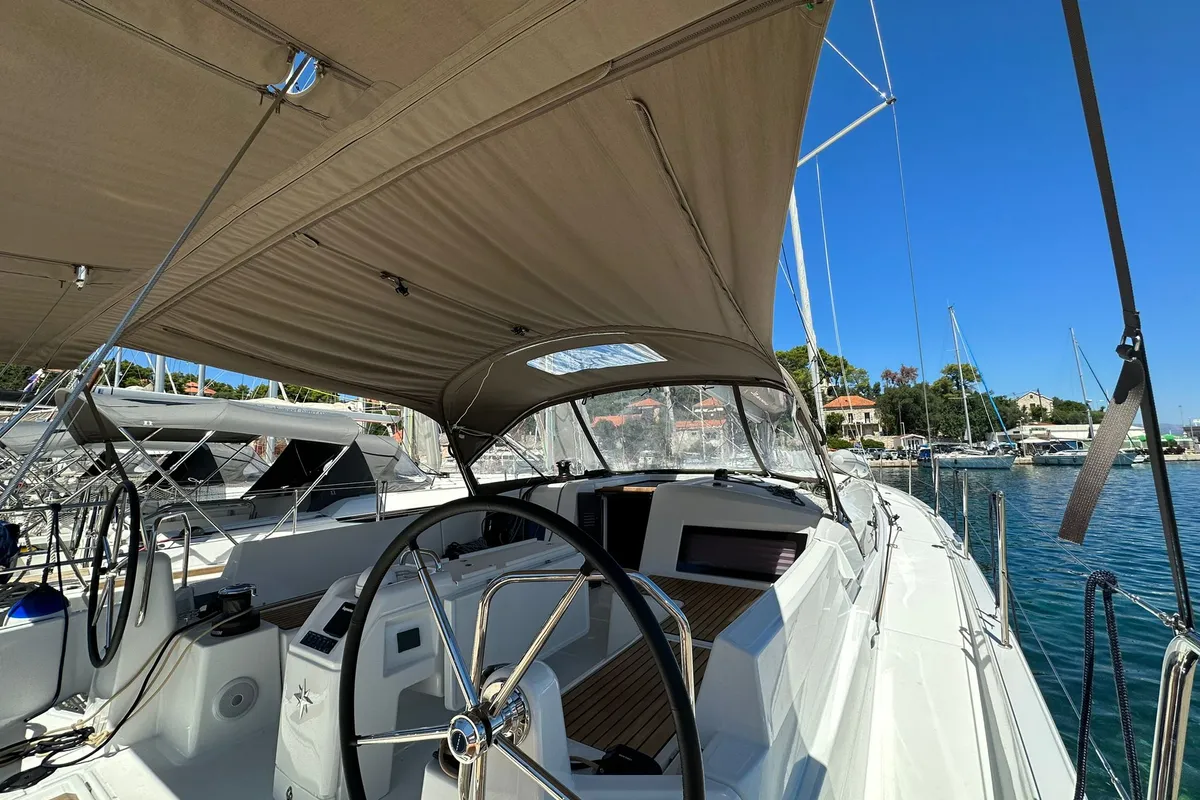 Cockpit of Izzy, a Jeanneau Sun Odyssey 490 sailboat at Rogač, Croatia