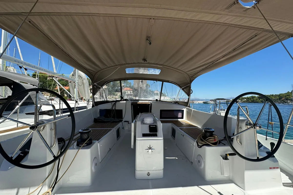 Cockpit of Izzy, a Jeanneau Sun Odyssey 490 sailboat at Rogač, Croatia