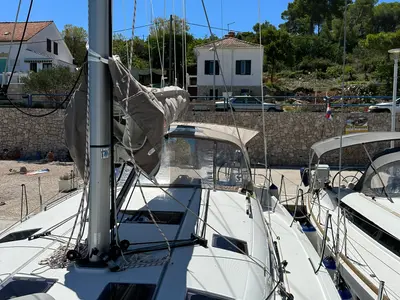 Deck of Izzy, a Jeanneau Sun Odyssey 490 sailboat at Rogač, Croatia