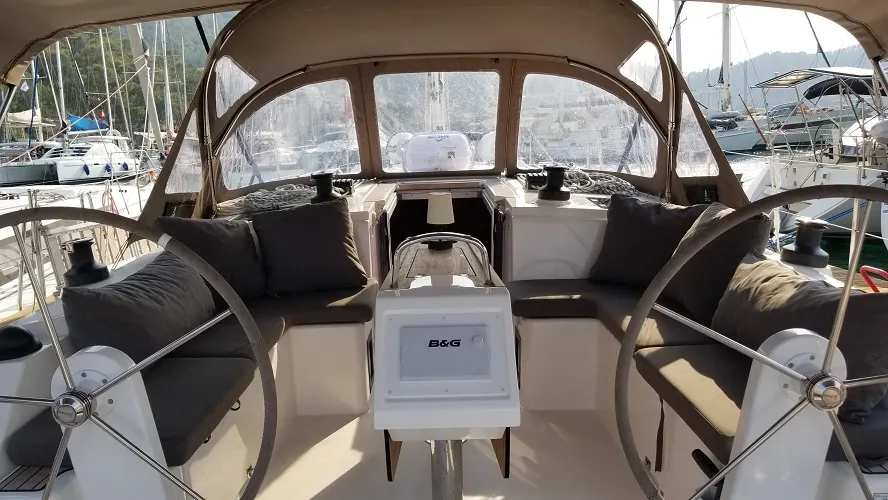 Cockpit of Fiesta, a Bavaria C42 sailboat at Fethiye, Turkey