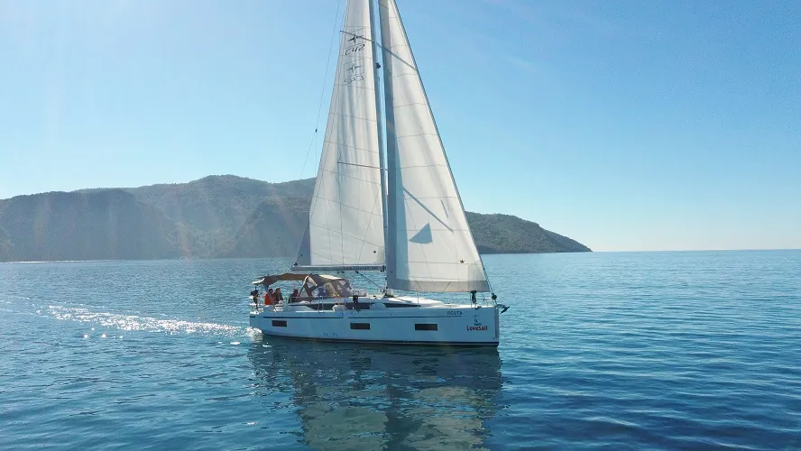 Exterior view of Fiesta, a Bavaria C42 sailboat at Fethiye, Turkey