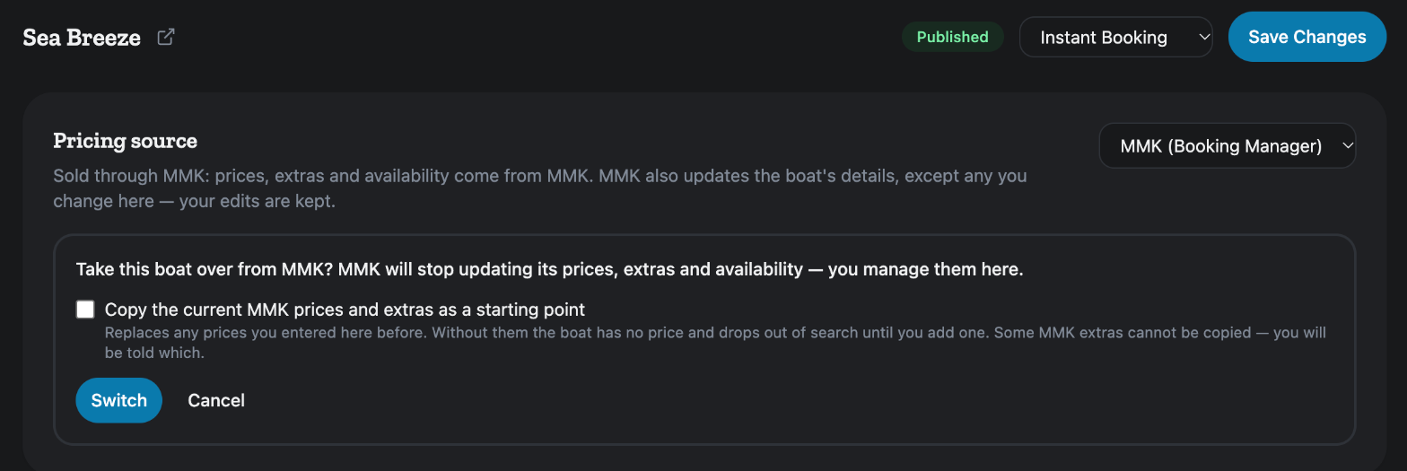 The Pricing source box after picking Direct: the confirm question, the copy tick box, and the Switch and Cancel buttons.