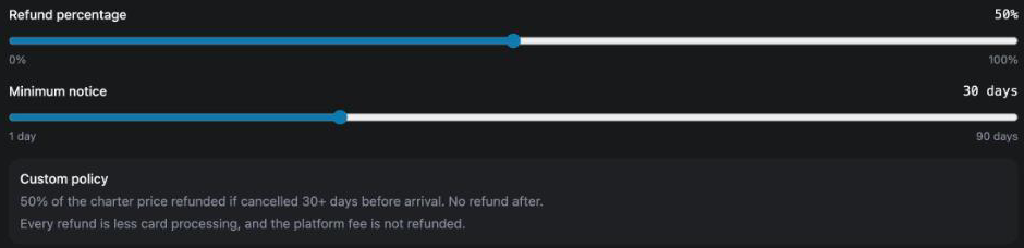 The Cancellation Policy sliders in company settings: Refund percentage, Minimum notice, and the summary of what guests will read.