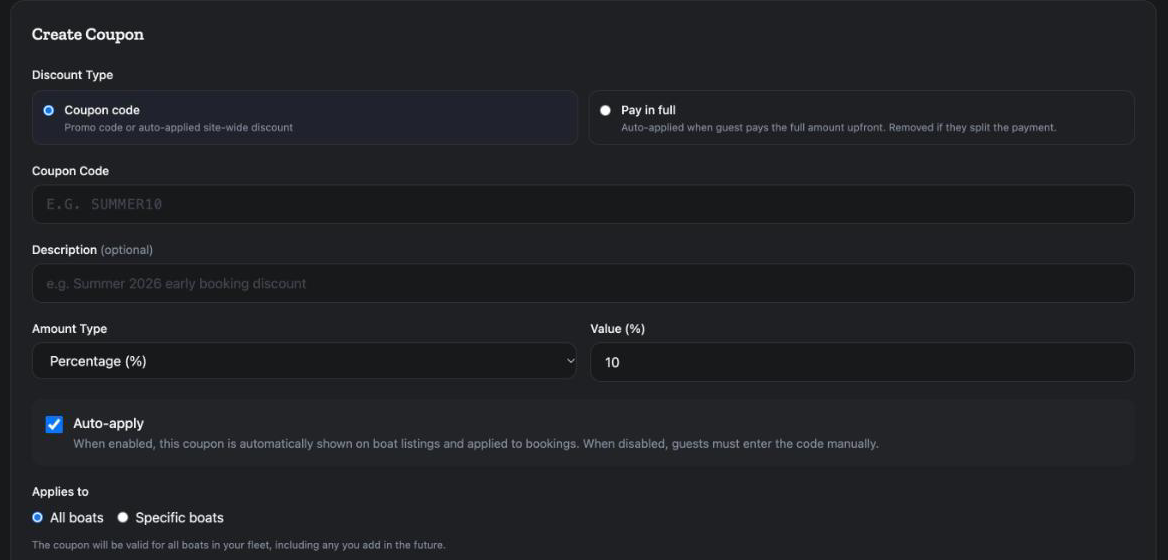 The Create Coupon form: Discount Type (Coupon code or Pay in full), Coupon Code, Description, Amount Type, Value, Auto-apply and Applies to.
