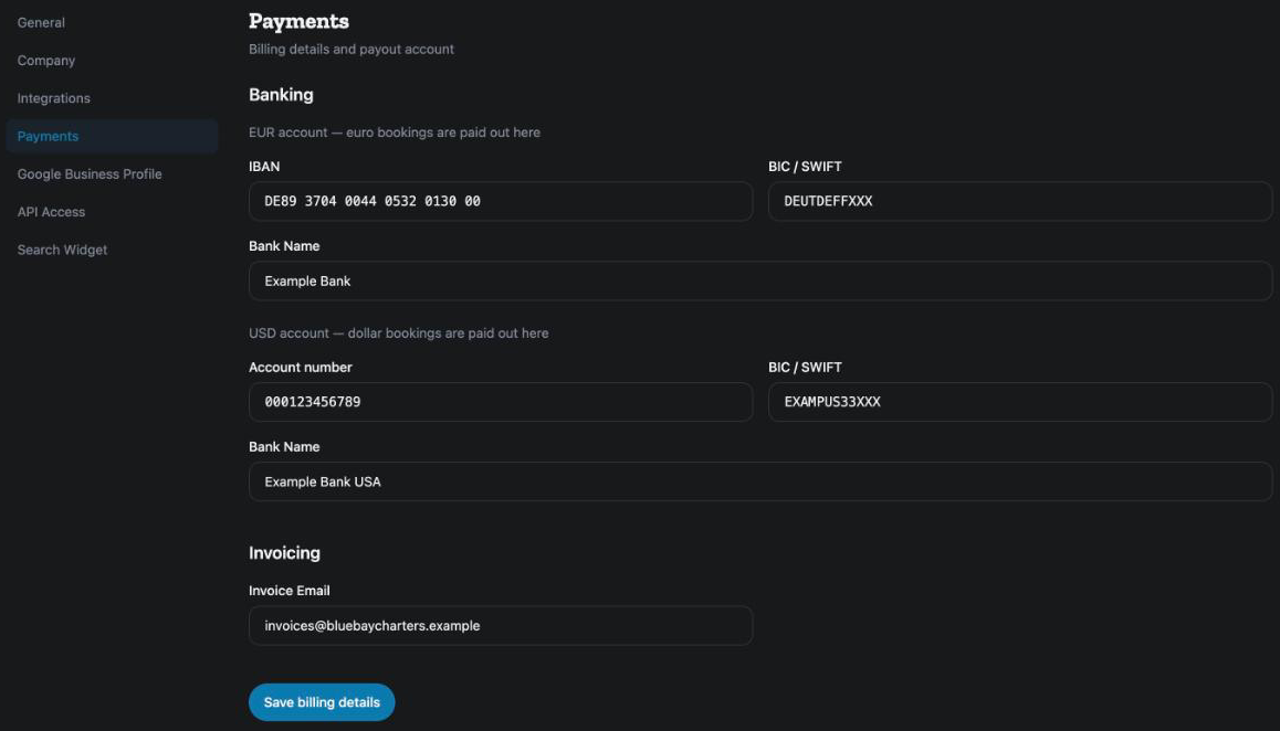 Settings, Payments: the EUR and USD bank accounts, the invoice email and the Save billing details button, filled with example details.