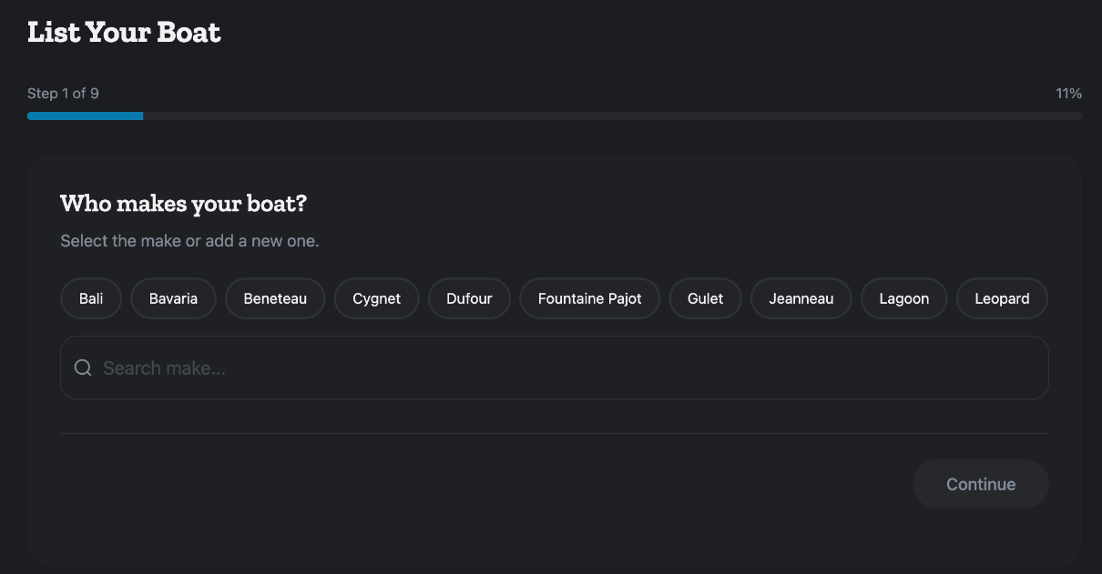 Step 1 of the List Your Boat wizard: pick who makes your boat, then click Continue.