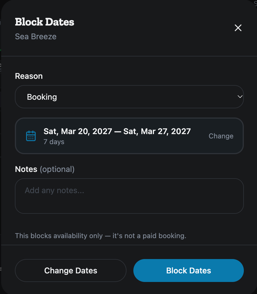 The Block Dates dialog for Sea Breeze: Reason, the dates, Notes and the Block Dates button.