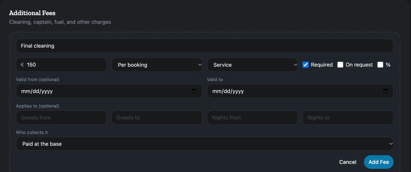 The Add Fee form in the boat editor: a Final cleaning fee of 150 euros, per booking, required, paid at the base.