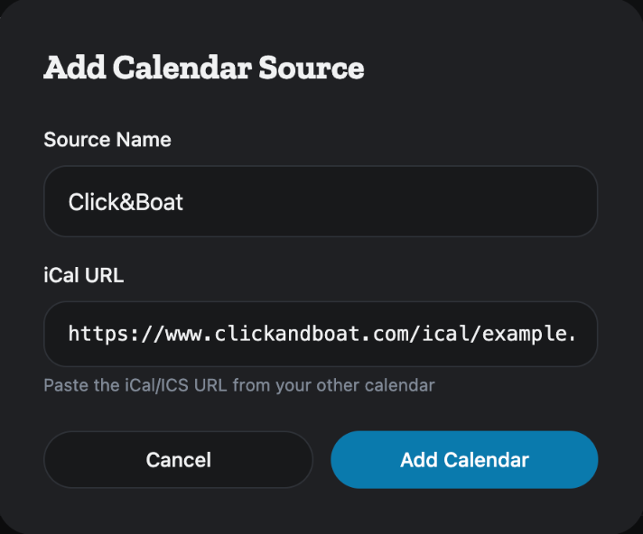 The Add Calendar Source box: a Source Name and the iCal URL, then Add Calendar.