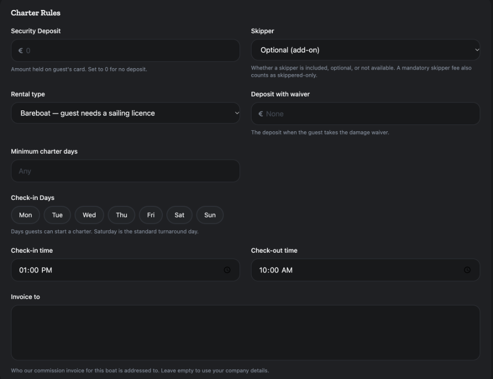 The Charter Rules section of the boat editor: deposit, skipper, rental type, check-in days and times, and Invoice to.