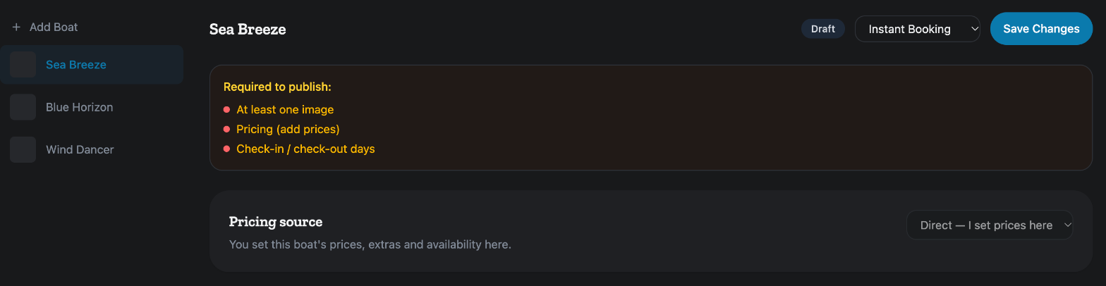 The top of the boat editor: the Draft badge, the booking mode, Save Changes, and the Required to publish list.