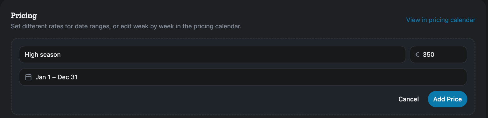The Pricing section of the boat editor with a new price period: a name, the daily price in euros and the date range.