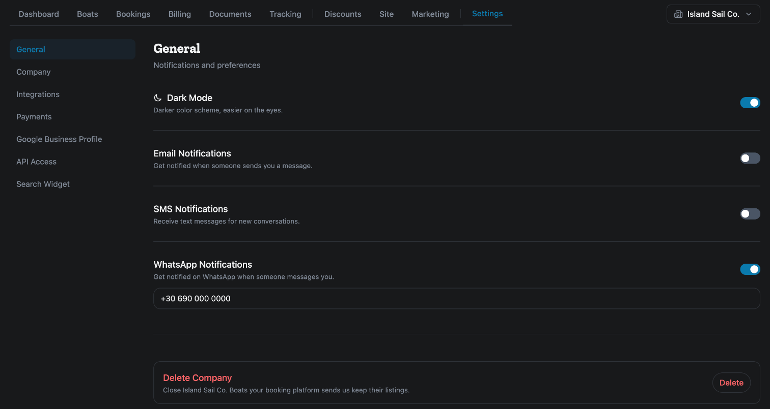 General settings for Island Sail Co.: Dark Mode, Email, SMS and WhatsApp notification switches, and Delete Company at the bottom.