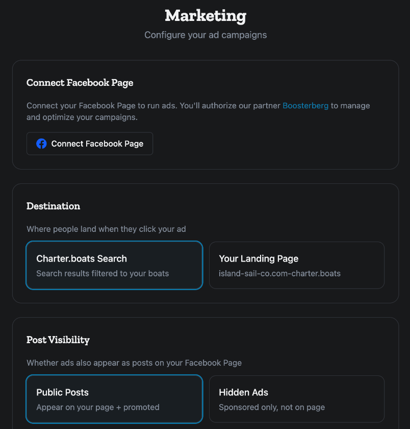 The Marketing setup screen for Island Sail Co.: Connect Facebook Page, Destination and Post Visibility.