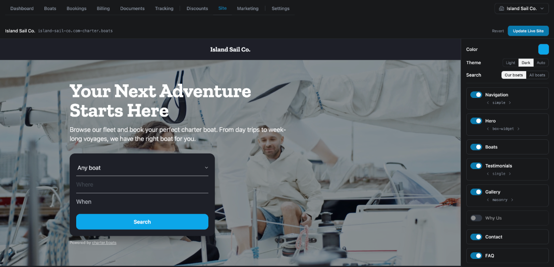 The Site builder for Island Sail Co.: the live preview on the left; Color, Theme, Search and the section switches on the right; Revert and Update Live Site at the top.