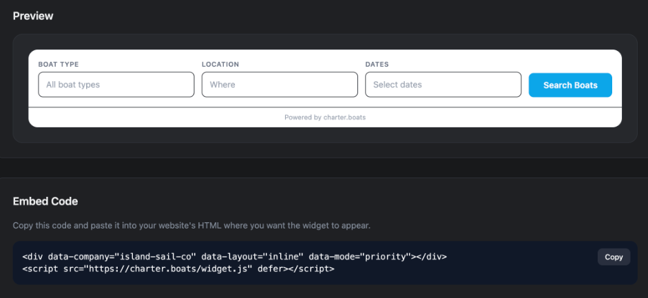 The widget Preview and the Embed Code box with its Copy button, for Island Sail Co.
